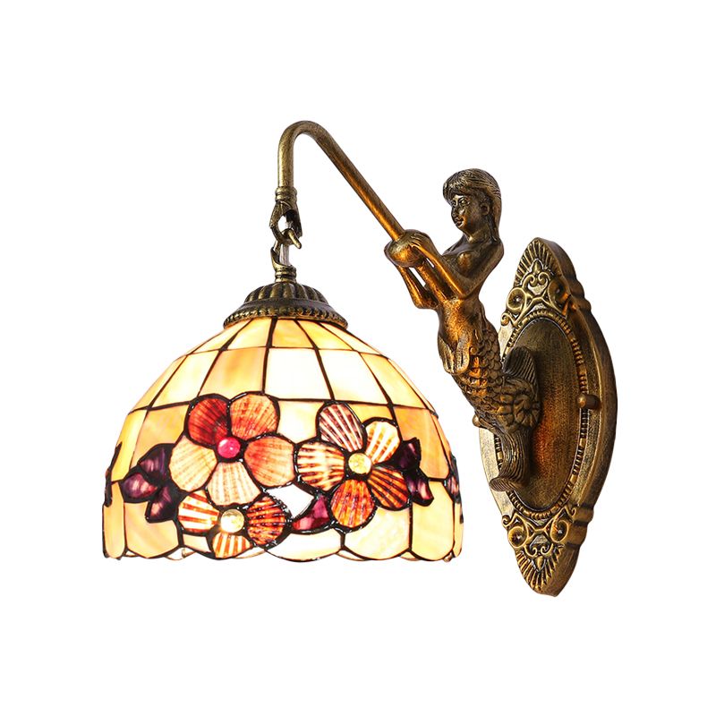 Victorian Dome Sconce Light Beige Glass 1 Head Bedside Wall Mount Light with Flower Pattern