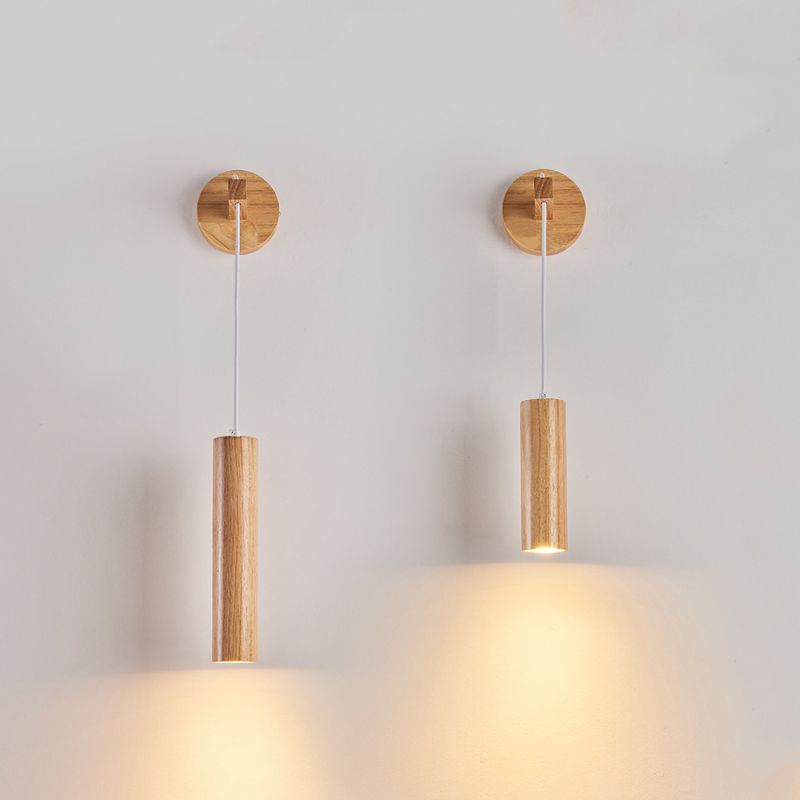Modern Style Cylinder Shape Wall Light Wood 1 Light Sconces for Bedroom