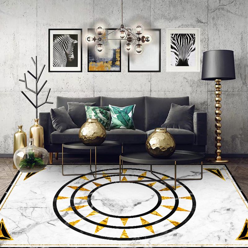 White Geometric Pattern Rug with Marble Surface Polyester Modern Rug Washable Non-Slip Pet Friendly Carpet for Living Room