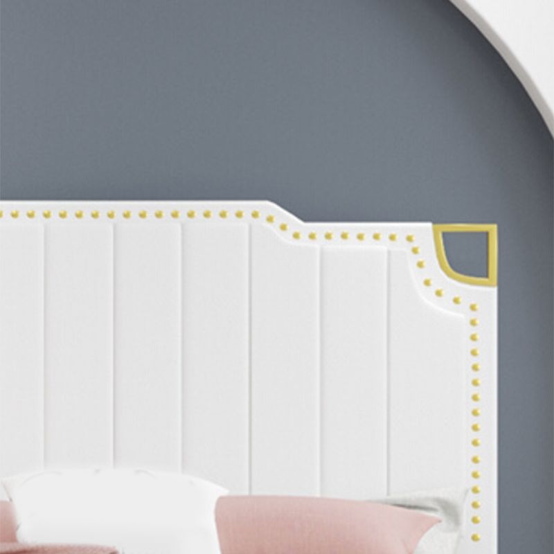 Iron Bed with Faux Leather Stepped Headboard and Nailhead Trim