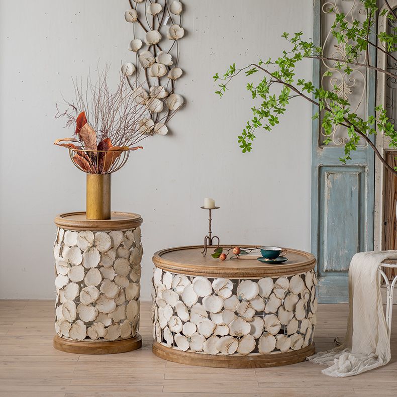 Drum Shaped Coffee Table French Country Distressed Wood Cocktail Table