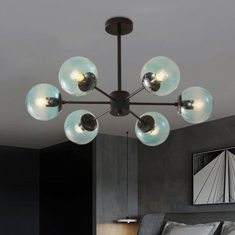 Amber/Blue/Clear Glass Spherical Chandelier Light Post Modern 6/8/10 Lights Black Pendant Lamp for Bedroom