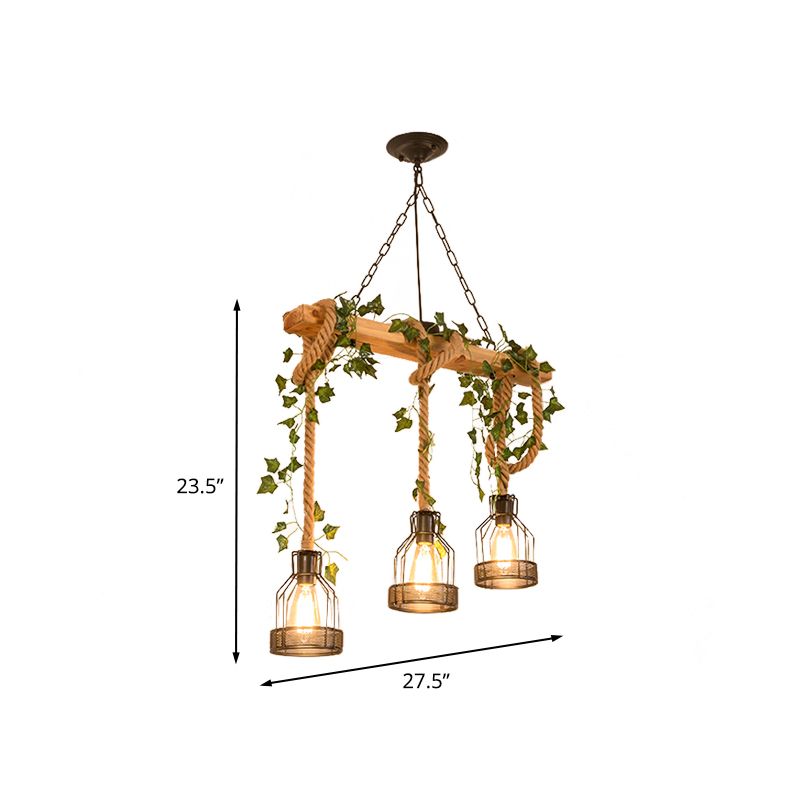 Metal Caged Island Pendant Light Industrial 3/5 Lights Dining Room Rope Hanging Lamp in Brown with Wood Beam