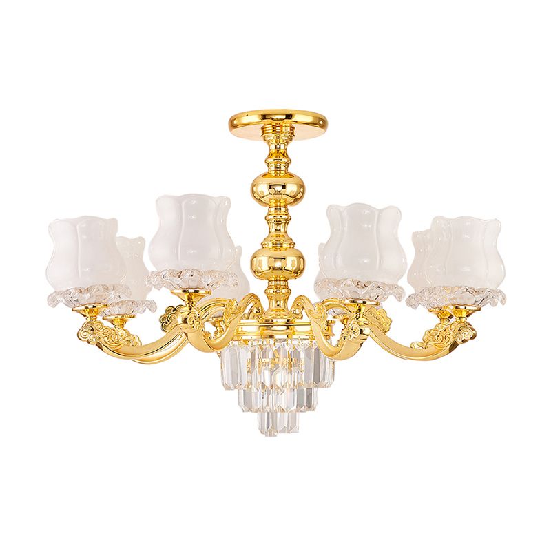 Retro Style Bud Suspension Light Cream Glass Chandelier Light with Layered Crystal Decor in Gold