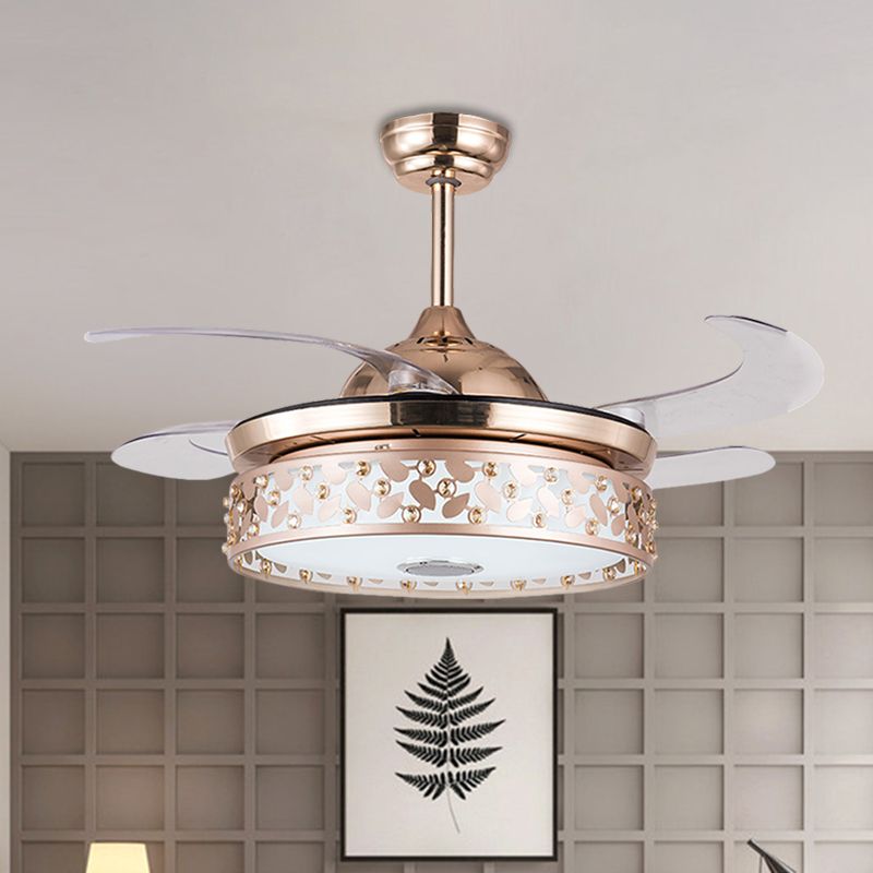 Copper LED Circular Semi Flush Lamp Simplicity Acrylic 4-Blade Hanging Fan Light with Crystal Deco, 19" Wide
