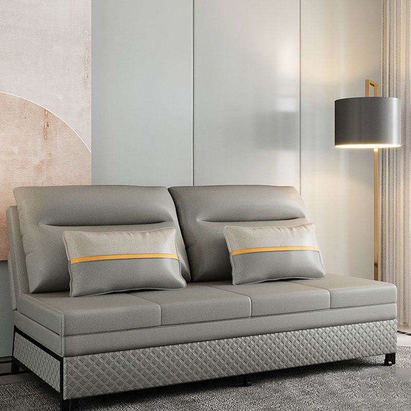 Adjustable Sofa Bed Faux Leather Sewn Pillow Back Sofa in Grey