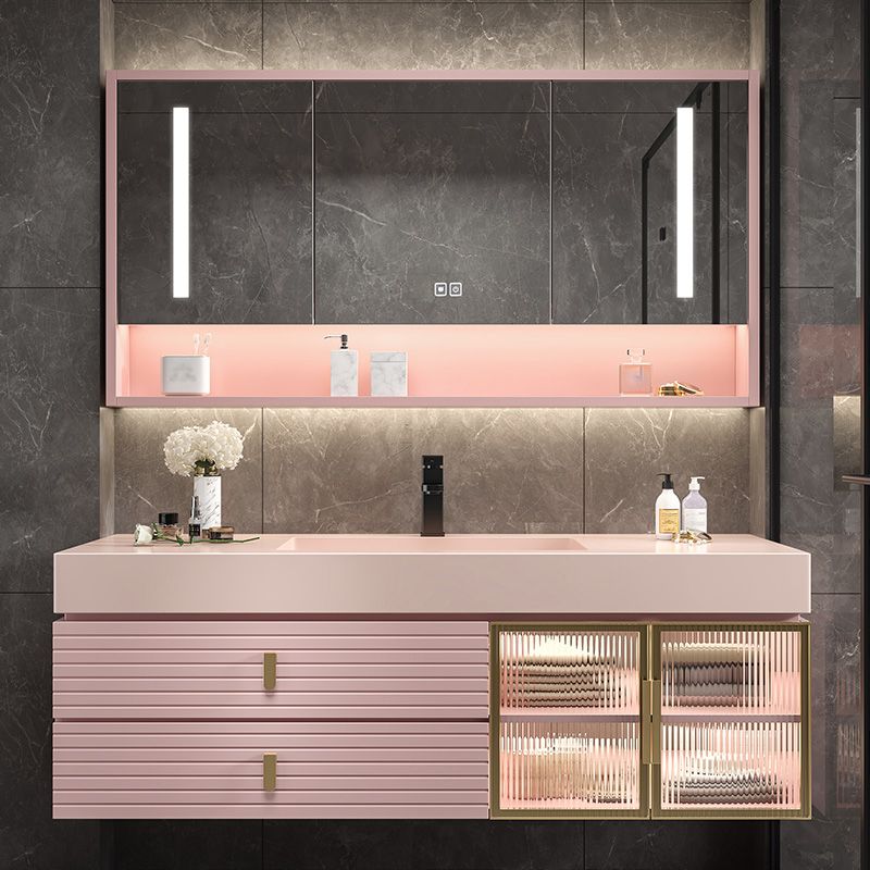 Contemporary Sink Cabinet Mirror Cabinet Bathroom Vanity Cabinet in Pink