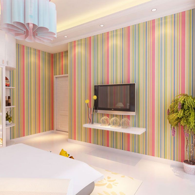 Latitudinal Stripe Wall Art for Children's Bedroom Rainbow Wallpaper Roll, Stain-Resistant