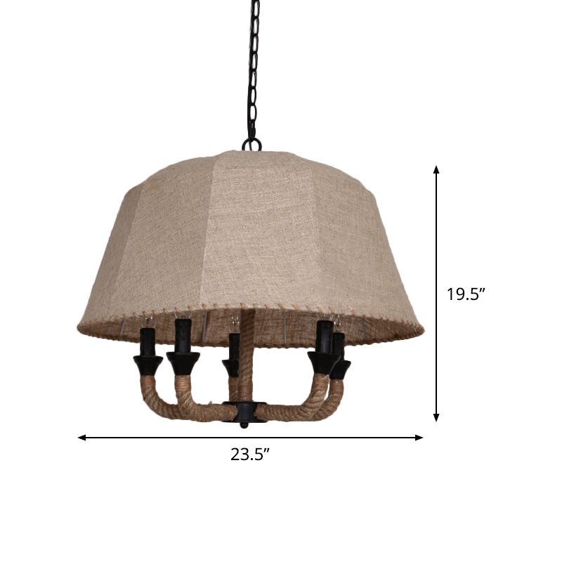 Luminaire de lustre en forme de dôme vintage 5 lumières lampe de suspension en tissu en brun avec corde de chanvre