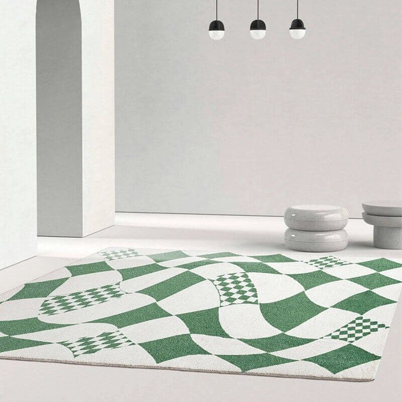 Green Modern Carpet Polyester Check Pattern Carpet Washable Carpet for Living Room