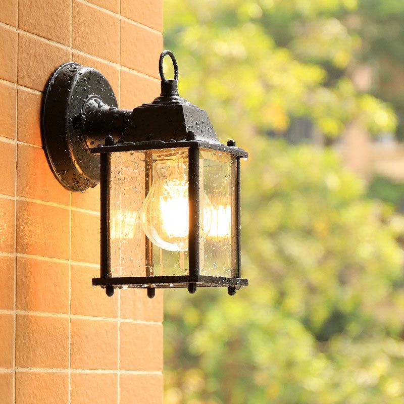 Glass Rectangle Shade Wall Sconce Rustic 1 Bulb Courtyard Wall Light Fixture in Black