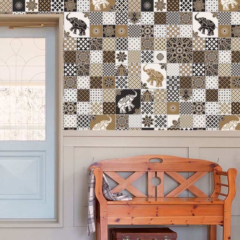 Brown Bohemian Wallpaper Panel 10.8-sq ft Elephant and Geometric Print Wall Decor, Peel and Stick