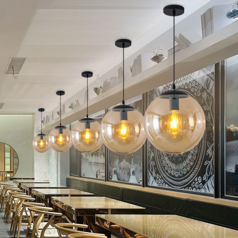 Sphere Restaurant Ceiling Suspension Lamp Glass Single-Bulb Simple Pendant Light in Black