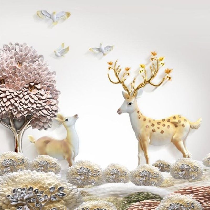 Nordic Grassland Deer Wall Mural Purple-Yellow Moisture Resistant Wall Art for Home