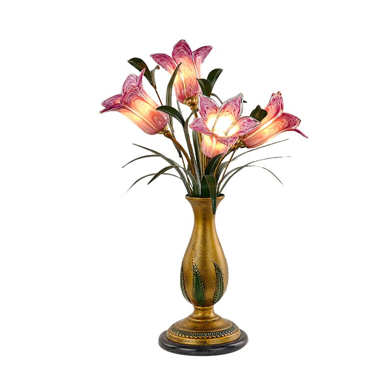 White/Purple Glass Floral Table Light Traditional-Style 4 Lights Bedroom Nightstand Lamp