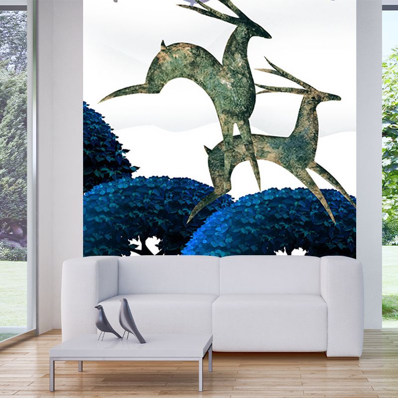Scandinavian Deers Mural Wallpaper for Bedroom Customized Wall Covering in Blue-Green