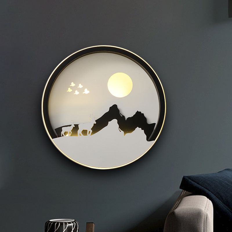 Salon rond Mur Mound Lampe acrylique LED Mur de la murale contemporain Lumière en noir avec de la montagne et du soleil motif