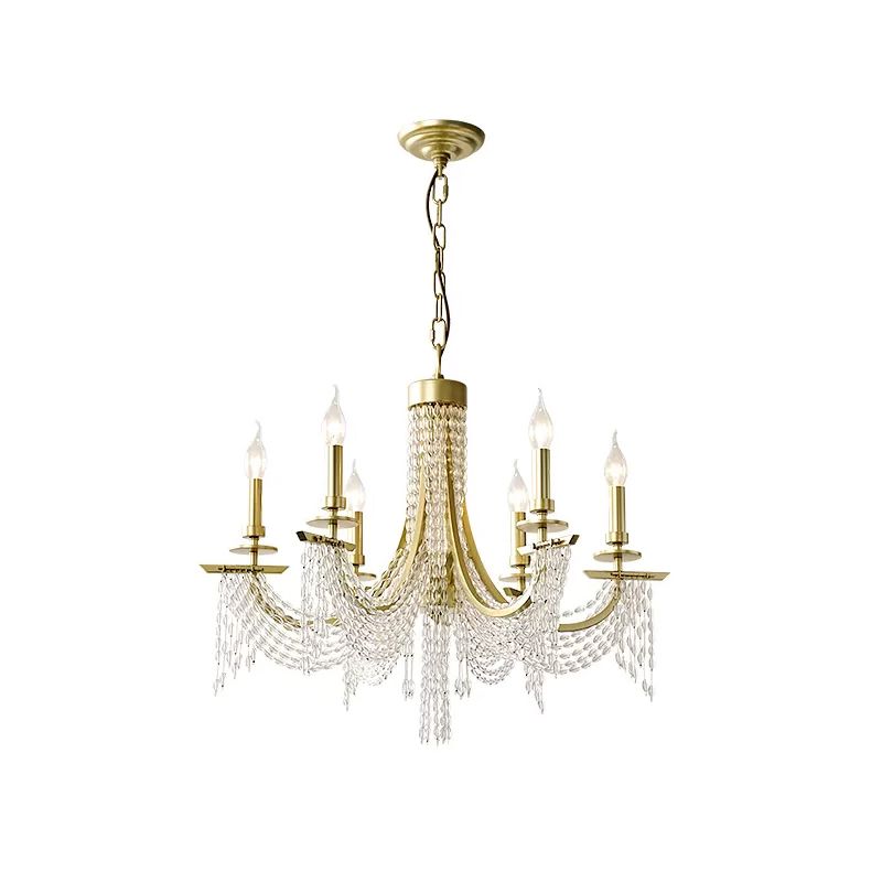 Baroque Candle Chandelier 6-Bulb Metal Suspension Lighting with Crystal Chain in Gold