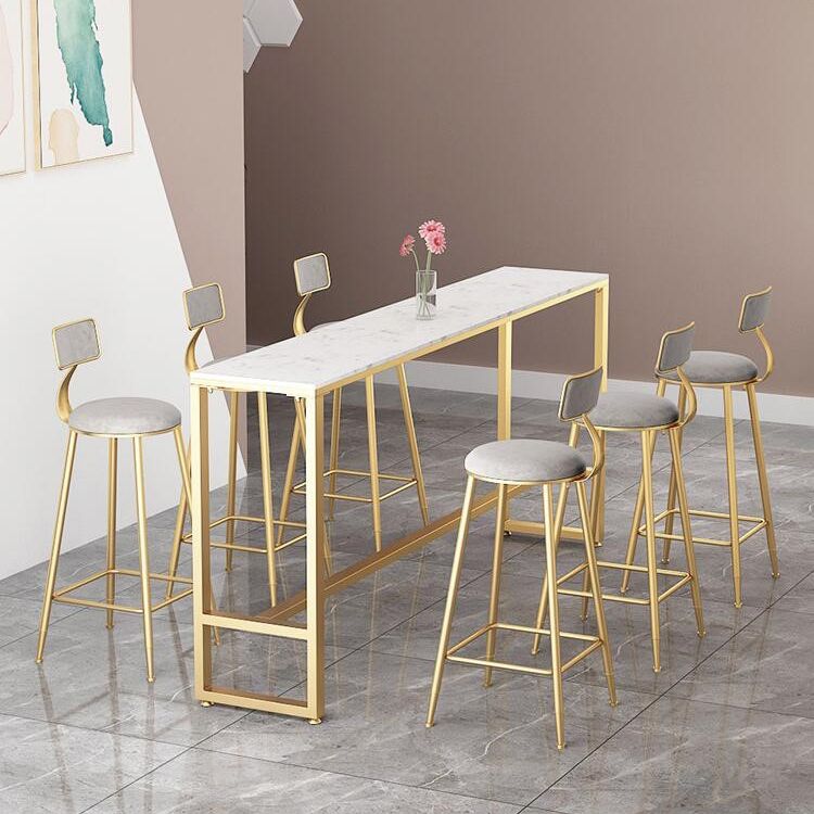 Rectangular Sintered Stone Top Bar Table Luxurious Bar Table with Trestle Base in Gold