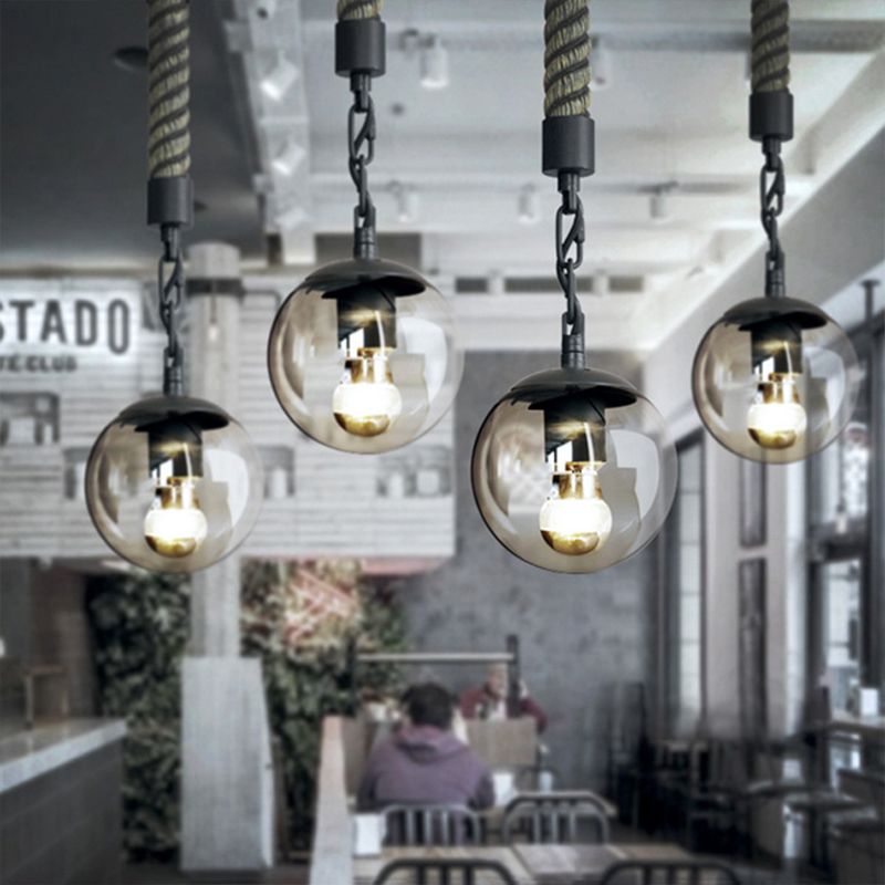 1 Light Tan Glass Pendant Light Lodge Stylish Black Finish Ball Restaurant Hanging Light with Rope