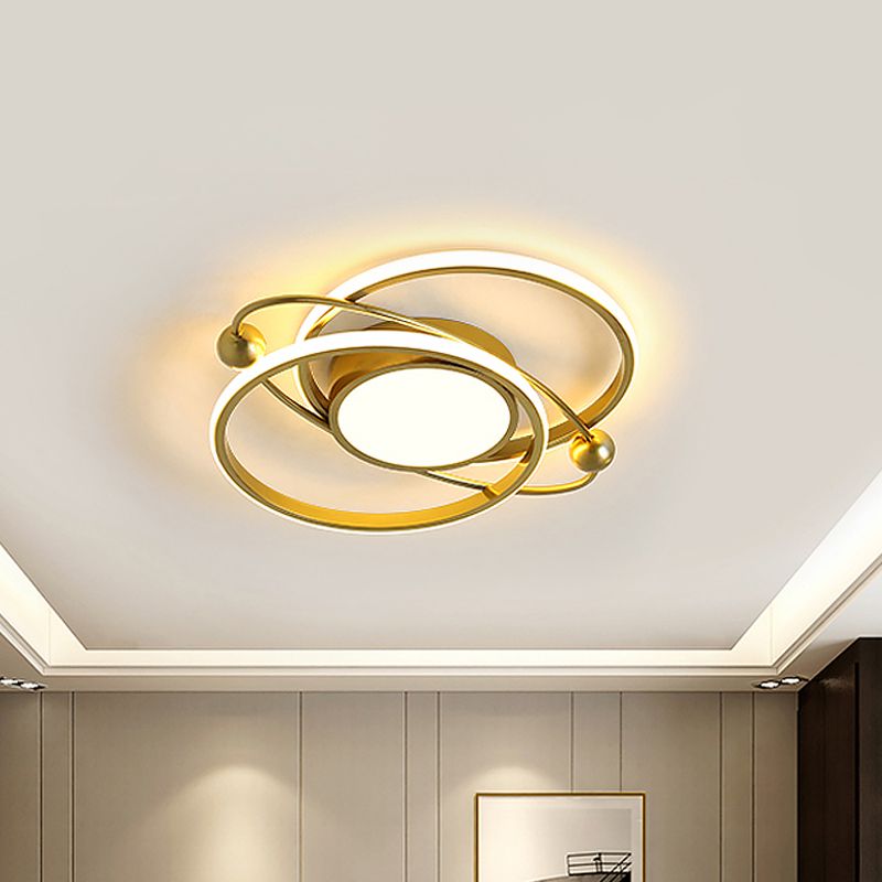 Circular Bedroom Semi Flush Mount Metallic LED Modern Flush Ceiling Light in Gold, Warm/White Light