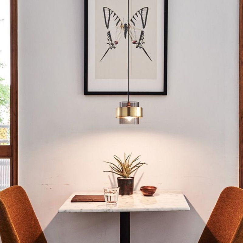 Smoke Gray Cylinder Pedant Light Down Light Mini Ceiling Pendant Light in Glass Shade