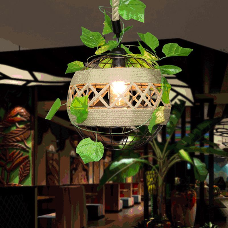 1-Light Iron Plant Hanging Lamp Vintage Beige Globe Restaurant Lighting Pendant with Rope Detail