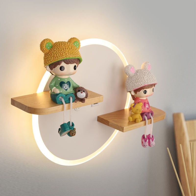 LED Circle Wall Sconce Nordic Wooden Kids Bedroom Wall Light with Shelf and Figurine