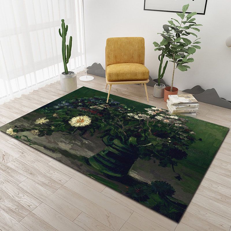 Green Modern Area Carpet Plant Pattern Polyester Area Rug Anti-Slip Backing Rug for Home Decor