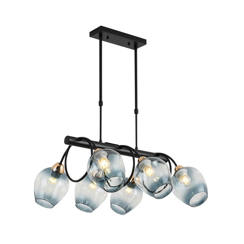 Wine Cup Island Light Modern Dimpled Blue/Green Ombre Glass 6/8/10-Head Black Suspended Lighting Fixture