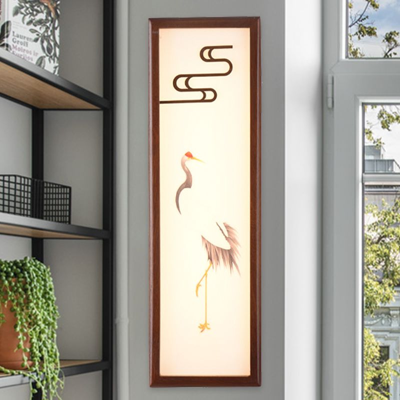 LED Bedside Wall Mounted Light Oriental Style Brown Crane Patterned Wall Mural Lamp with Rectangle Wood Frame