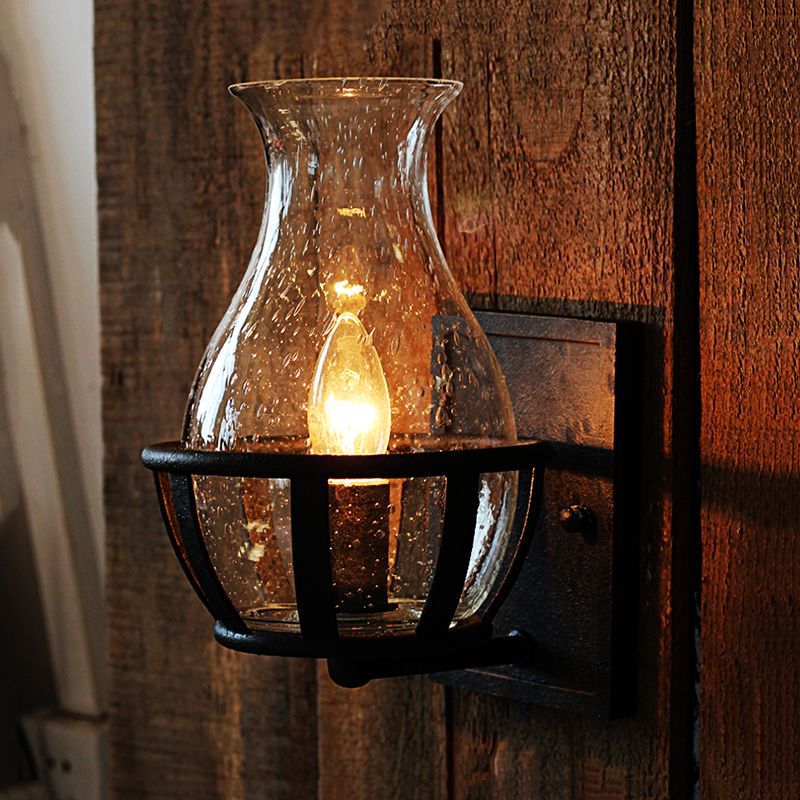 One Bulb Wall Sconce Lighting Bottle Shade Seeded Glass Industrial Living Room Light Fixture in Black