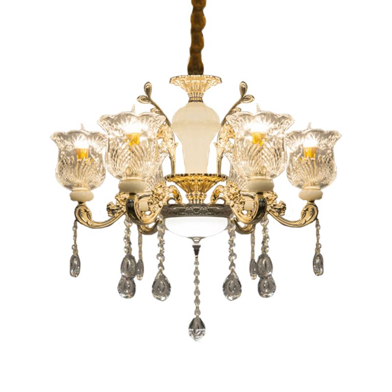 Candelera de colgante floral antiguo 6 Luces Clear Glass Techo Cuelga de cuello en oro con cristal colgante
