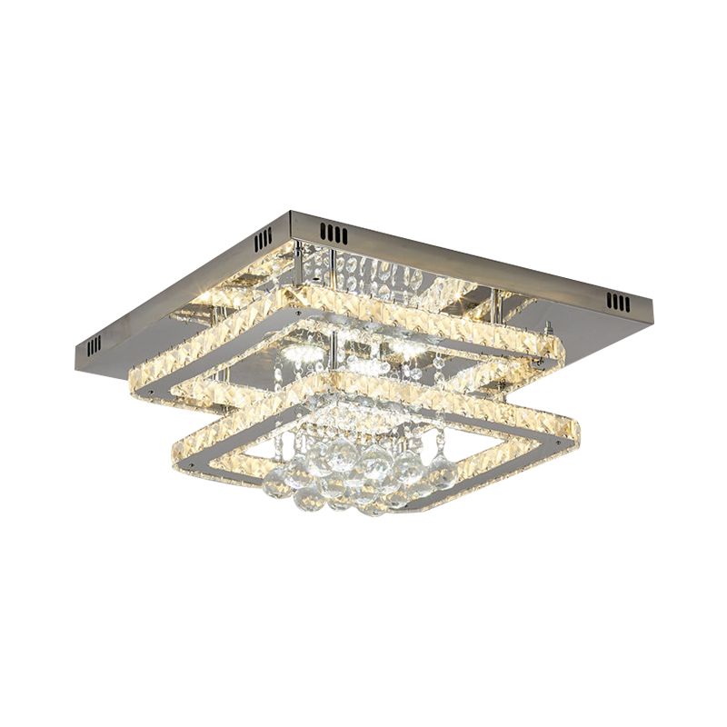 2-Tier Square Bedroom Ceiling Lamp Crystal Block LED Contemporary Semi Flush Light in Chrome
