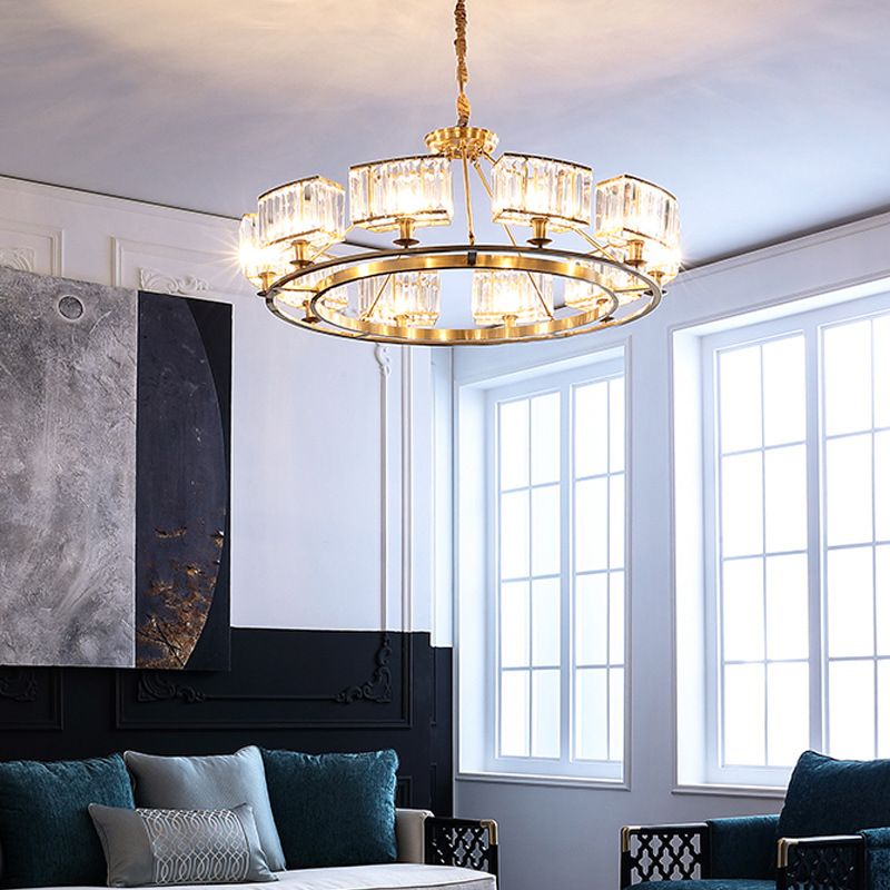 Polished Brass Round Chandelier Lighting Fixtures with 15" Adjustable Cord Modern Clear Crystal Pendant