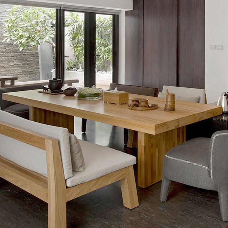 Rectangle Casual Dining Table Brown Tone Fixed Table with Pinewood Solid Wood