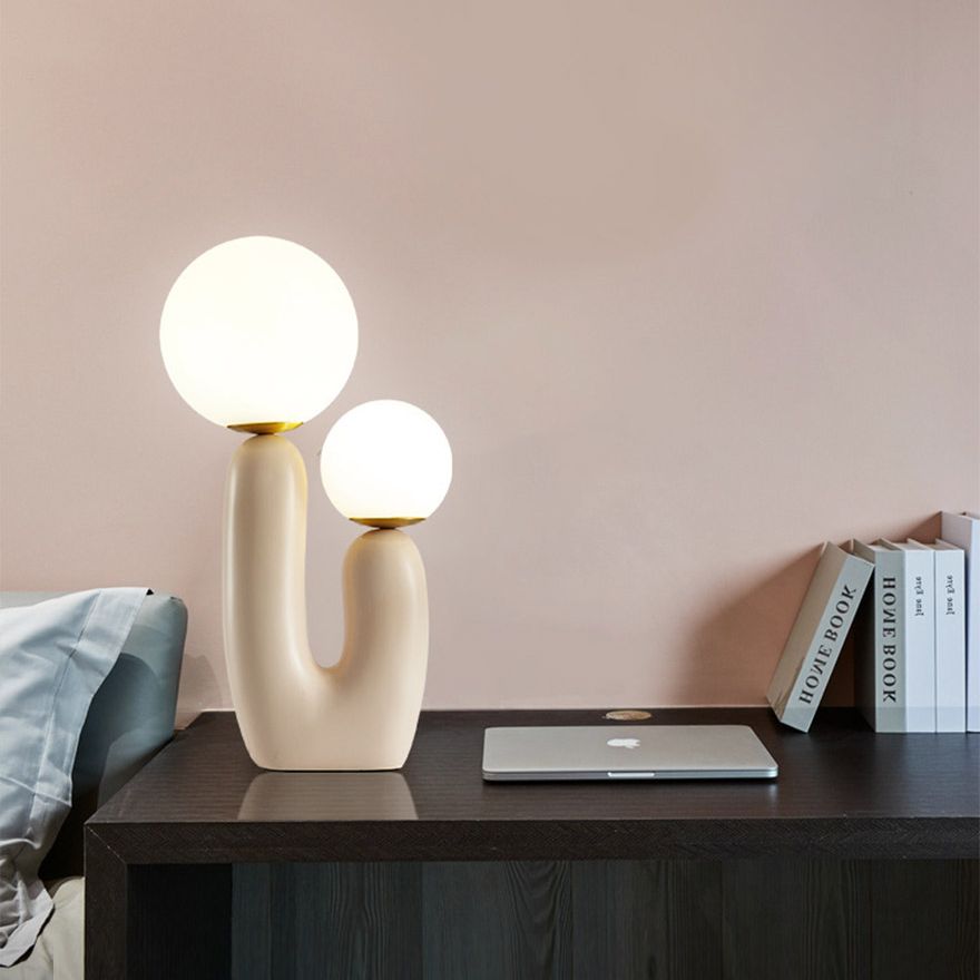 Pink Cactus Table Light Nordic 2-Light Resin Nightstand Lamp with Ball White Glass Shade