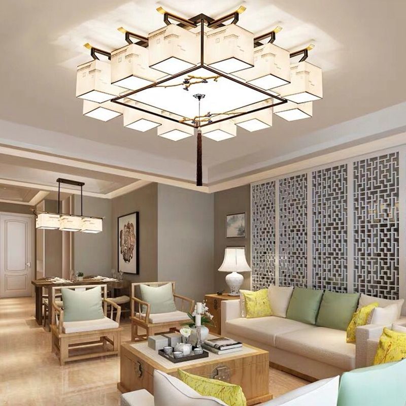 Multi-head Chinese Style Fabric Flush Mount Light Fixture for Living Room Dinning Room