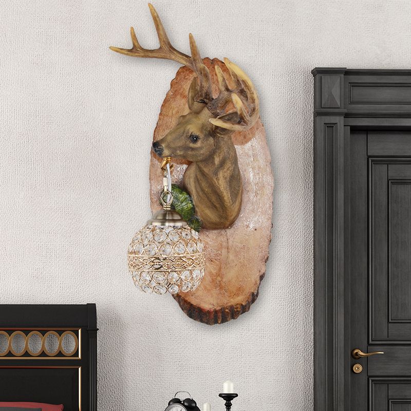 1 Light Resin Wall Lamp Rustic Black/Gold/Tan Orb Shade Indoor Sconce Light Fixture with Elk, Right/Left