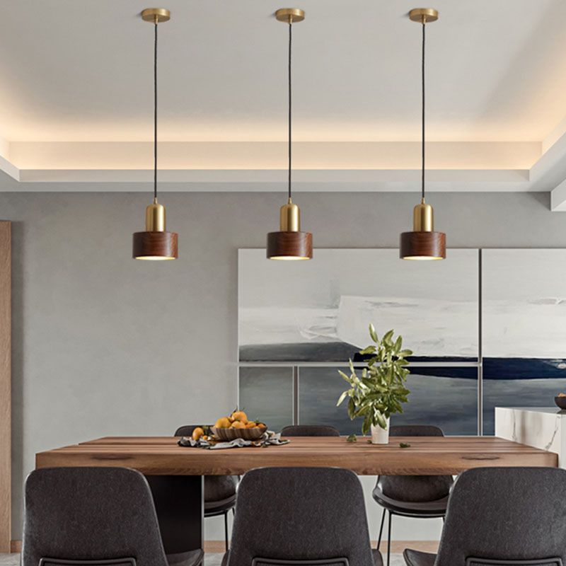 Brown Walnut Wood Pendant Lighting Fixtures Modern Lantern Suspension Lamp for Living Room