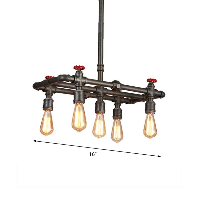 Black Finish Tubing Hanging Lamp with Red Valve Antique Metal 5-Bulb Dining Room Chandelier Lighting
