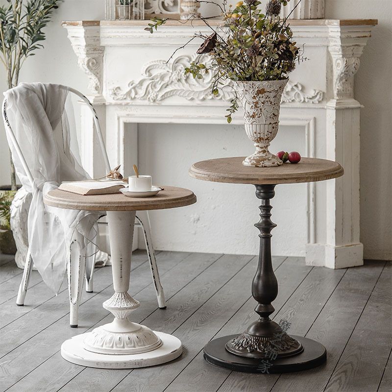 French Country Solid Wood Round Metal Pedestal Single Coffee Table