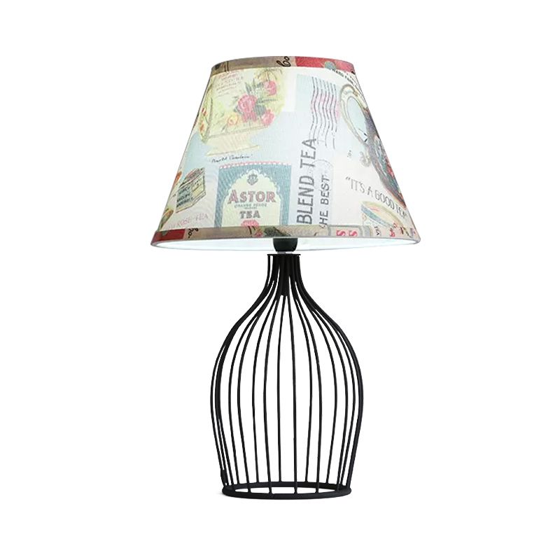 1 Head Barrel Night Table Lamp Traditional Black Nightstand Lighting with Metal Wire Cage Base