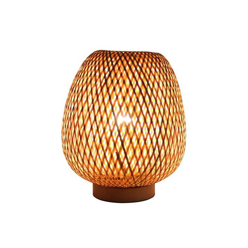 Lantern Nightstand Lamp Contemporary Handwoven Bamboo Single-Bulb Restaurant Table Light in Wood