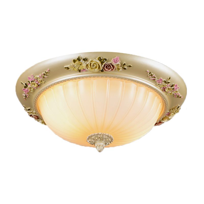 Beige 2/3-Head Flush Light Farmhouse Fluted Glass Domed Ceiling Lighting, 12.5"/14.5"/19" Width