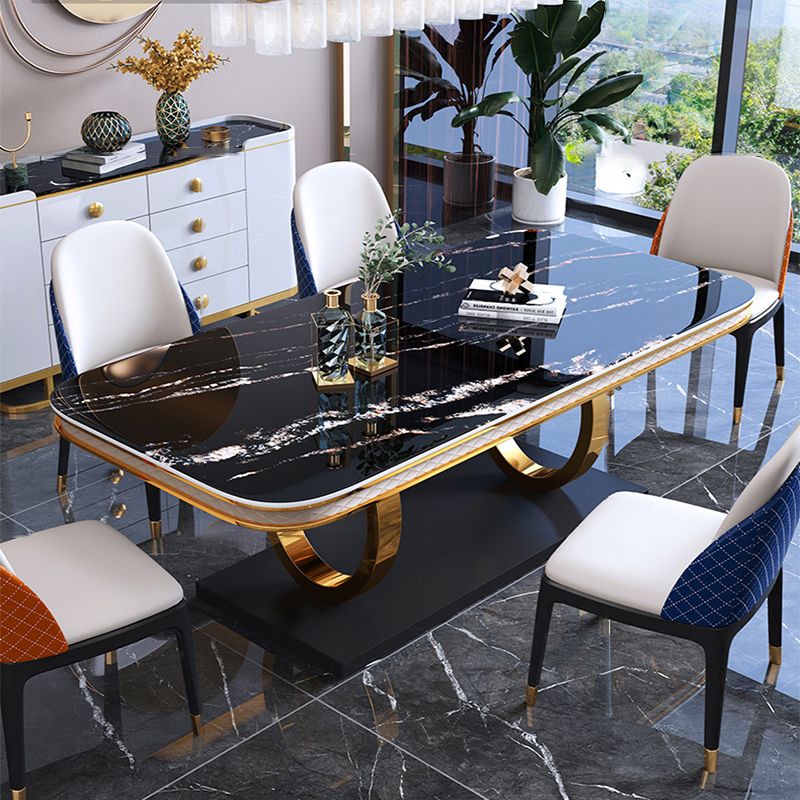 Traditional Luxury Rectangle Dining Table Sintered Stone Table with Gold Trestle Base