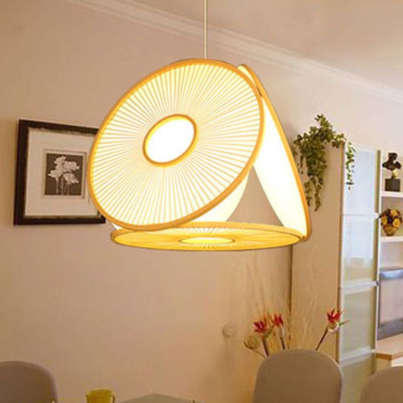 Beige Circle Shaped Pendant Lamp Contemporary 1 Light Bamboo Hanging Lighting for Dining Room