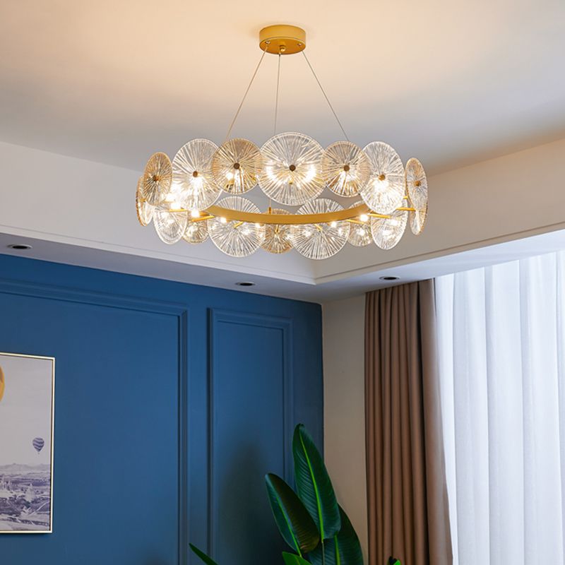 Gold Circle Chandelier Modern Multi Light Hanging Light with Glass for Bedroom