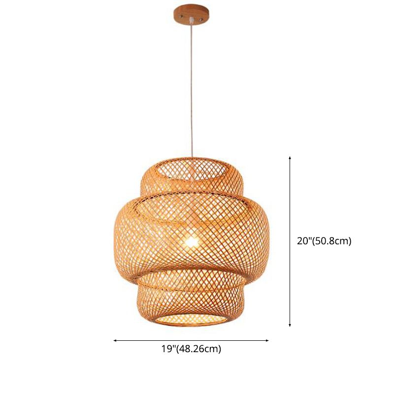 Chinese Style Lantern Ceiling Light Hand-Worked Bamboo 1 Light Restaurant Hanging Pendant Lighting in Beige