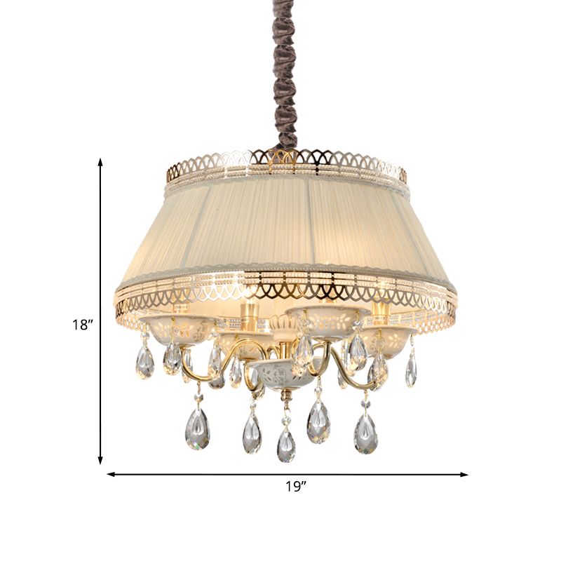 Moderne 4 lampen hanglager kroonluchter met stofschaduw beige taps toelopende trommel kristal omlaag verlichting
